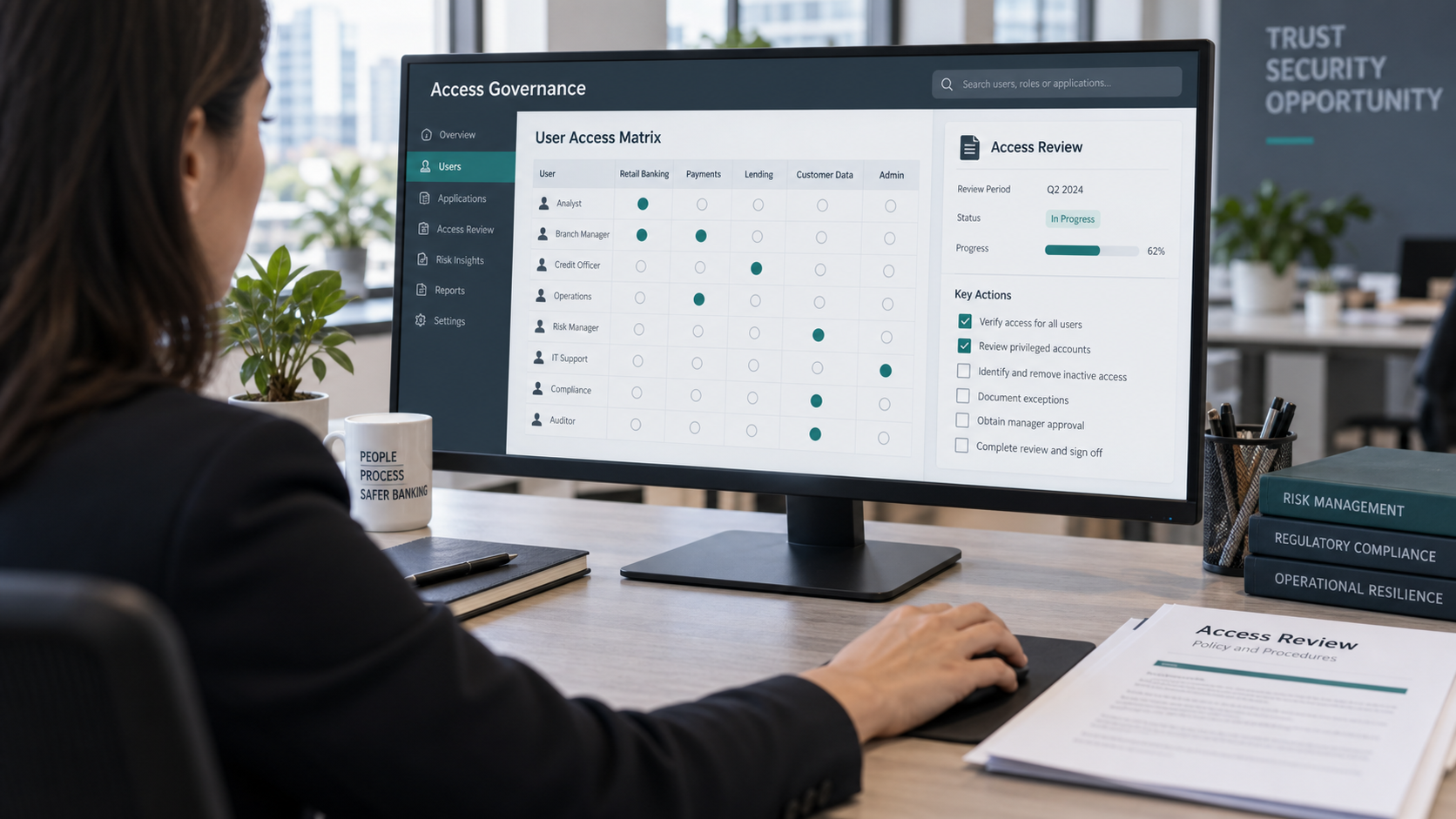Bank access reviewer examining user permissions
